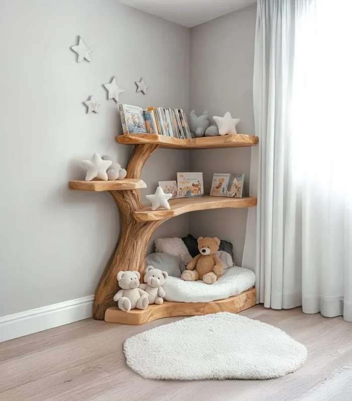Tree Shaped Bookshelf, Wall Mounted, Natural Wood, Handmade
