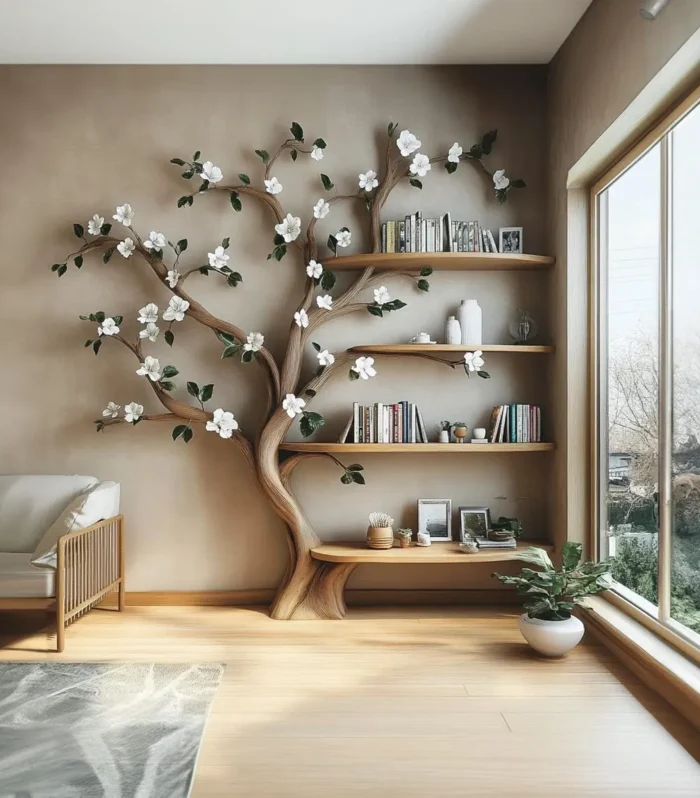 Rustic Tree Bookshelf, Solid Wood, Wall Mounted Floating Shelves, Kids and Living Room Decor