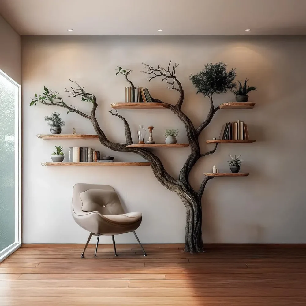 Tree Bookshelf, Wooden Wall Mounted Bookcase, Rustic Natural Wood, Home Office Decor