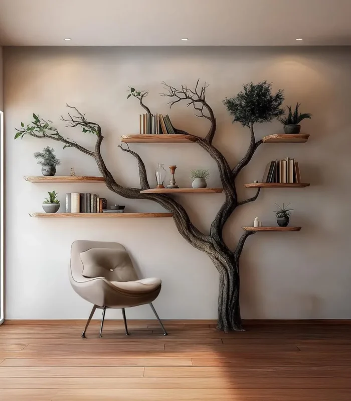 Tree Bookshelf, Wooden Wall Mounted Bookcase, Rustic Natural Wood, Home Office Decor