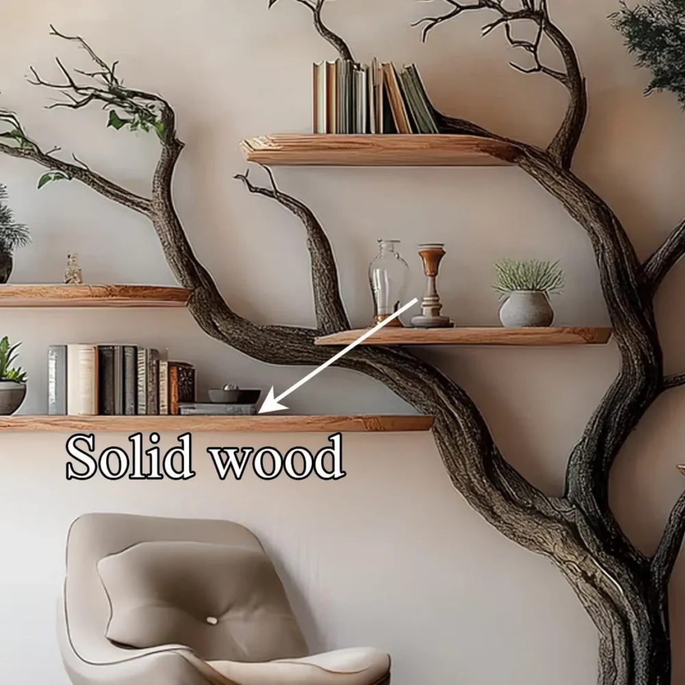 Tree Bookshelf, Wooden Wall Mounted Bookcase, Rustic Natural Wood, Home Office Decor - Image 4