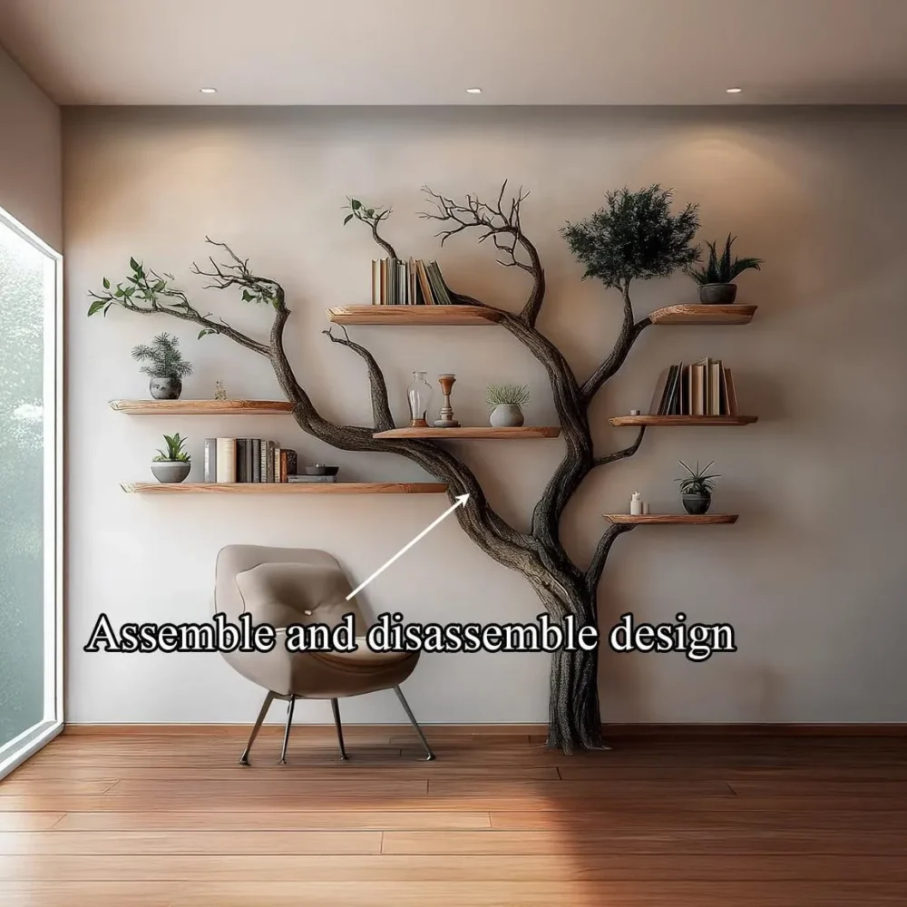 Tree Bookshelf, Wooden Wall Mounted Bookcase, Rustic Natural Wood, Home Office Decor - Image 5