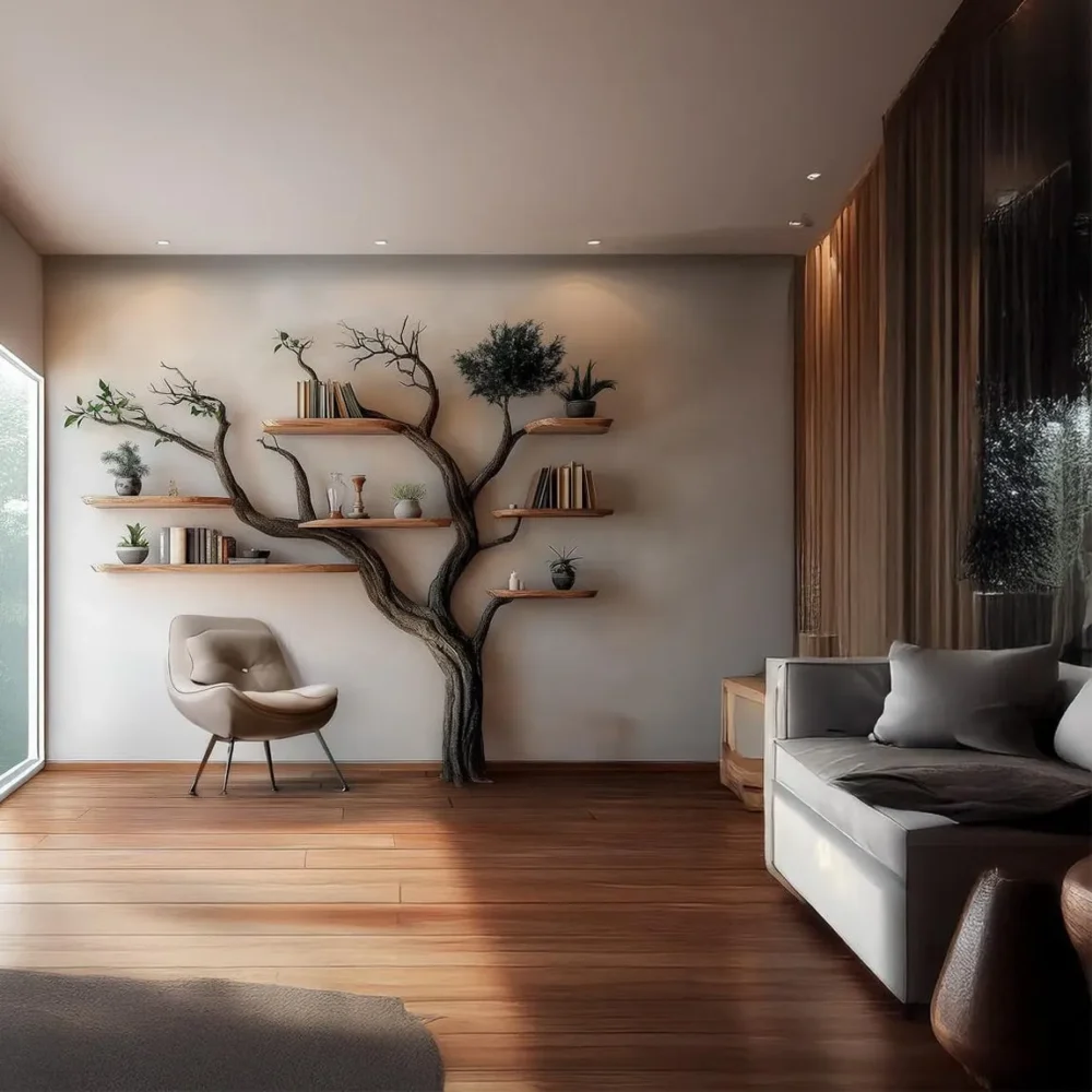 Tree Bookshelf, Wooden Wall Mounted Bookcase, Rustic Natural Wood, Home Office Decor - Image 7