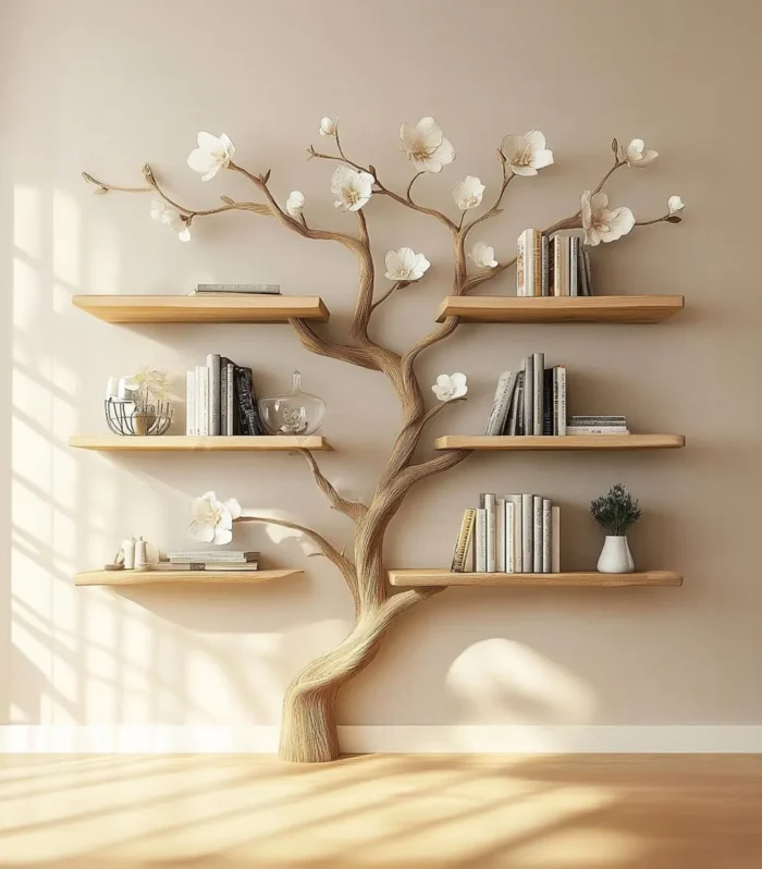 Rustic Tree Branch Bookshelf, Wooden, Handmade, Natural Wood, Space Saving Design