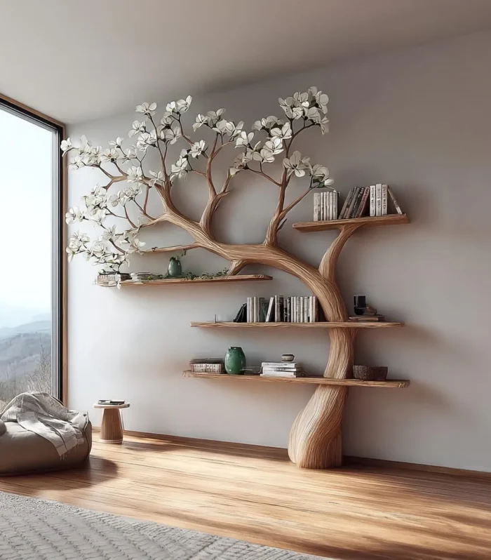 Rustic Tree Bookshelf, Wooden Wall Mounted Bookcase, Natural Solid Wood