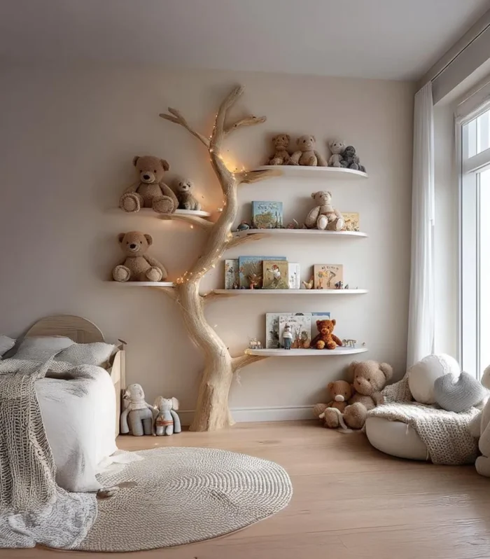 Handmade Tree Bookshelf, Montessori Kids Bookcase, Floating Nursery Wall Shelf, Skinny Design