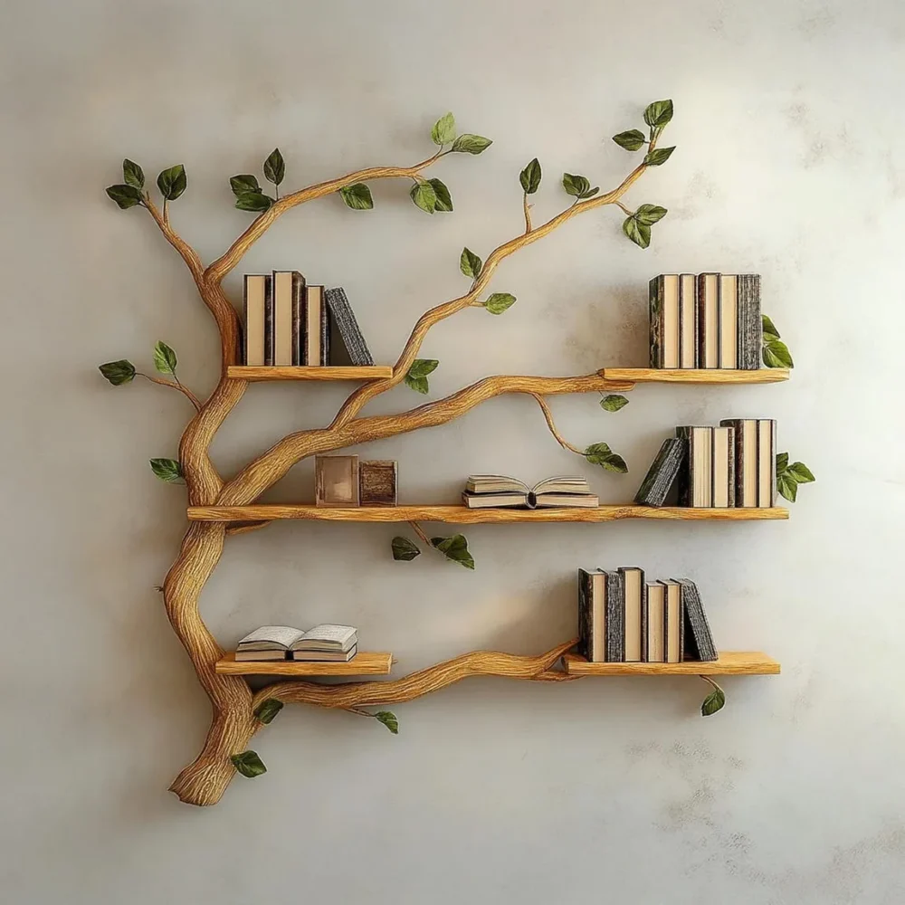 Driftwood Branch Tree Bookshelf, Solid Wood, Custom Floating Shelf, Live Edge
