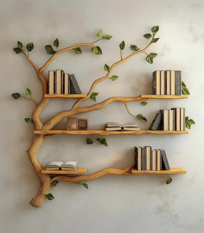 Driftwood Branch Tree Bookshelf, Solid Wood, Custom Floating Shelf, Live Edge